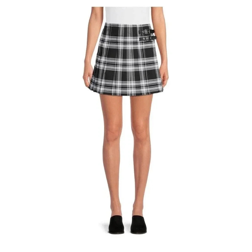 NWT No Boundaries Women Junior XS Black White Pleated Plaid Mini Skirt
